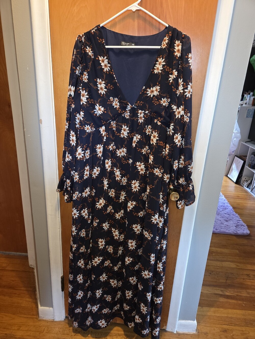 Floral V-Neck Long Sleeve Maxi Dress - Navy with Ivory & Orange Flowers